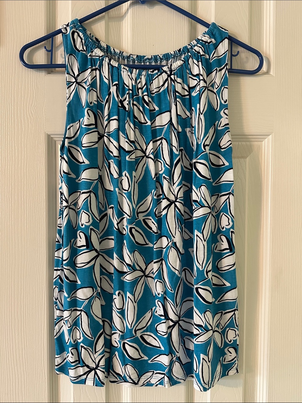 LOFT Teal Trim Floral Elastic Neckline Top